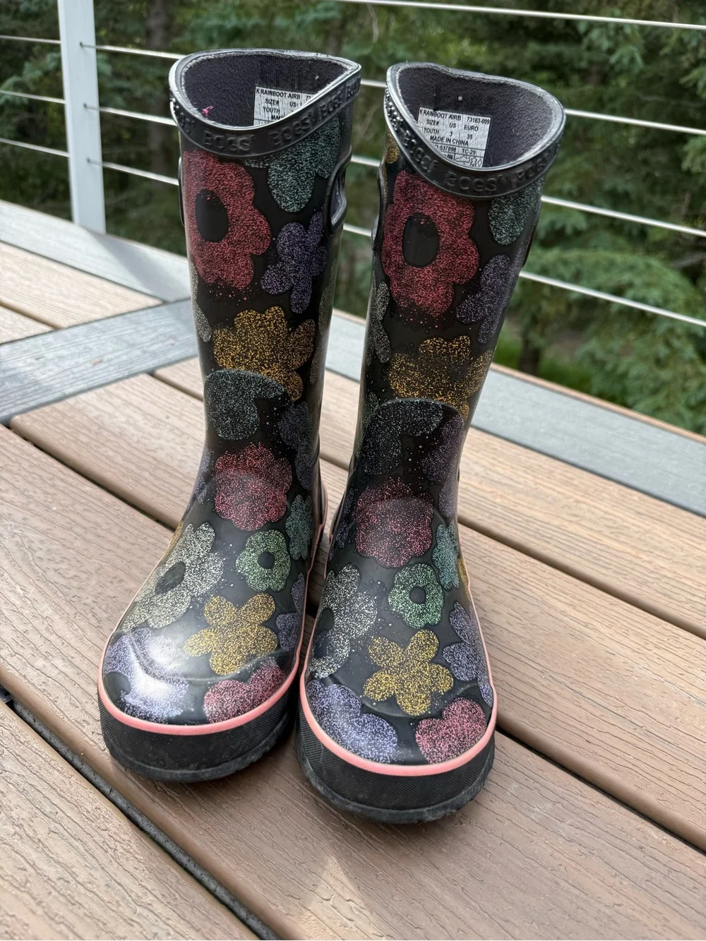 Bogs Kids Black Rain Boots with Multicolor Flowers